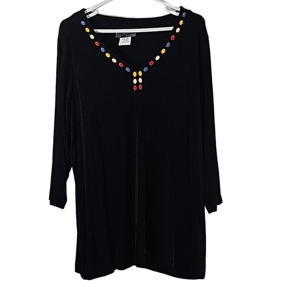 Slinky Brand Tops - Womens Sz 1X Black Slinky Brand Stretch Colorful Beaded V-neck Made in USA Top